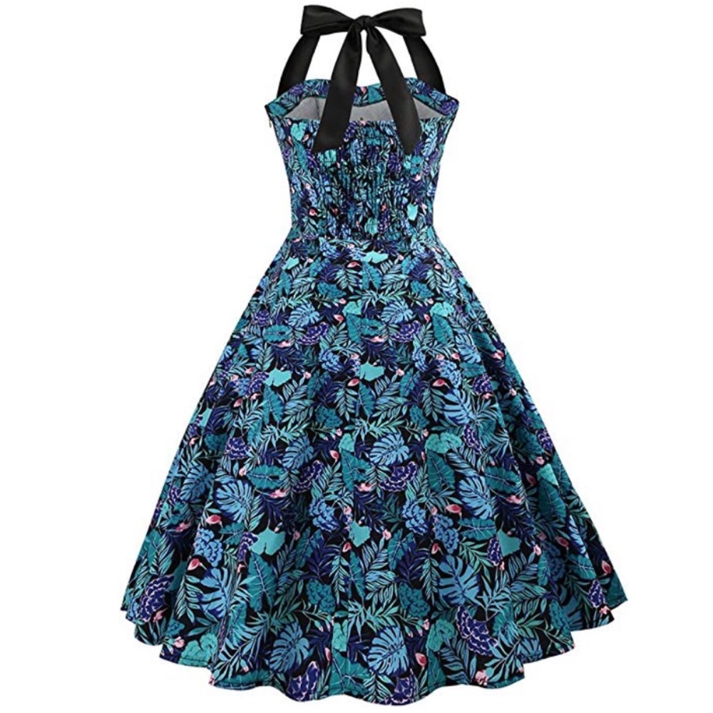 Plus Size Vintage Blue Smocked Pin Up Halter Dress - Picture 3 of 3